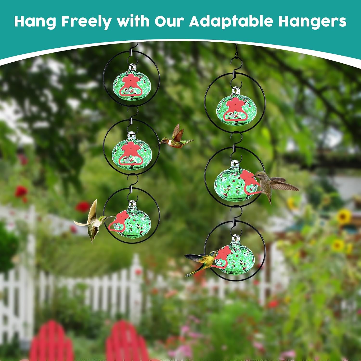 Flexible 6 Pack Hummingbird feeders for Outdoors Hanging Ant and Bee Proof,Detachable Hand Blown Glass Hummingbird Feeder with 6 Adjustable Silicone Perch(Green)