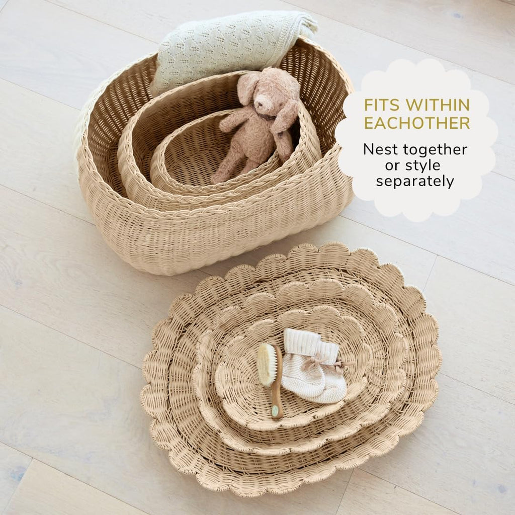 BEBE BASK Large Scalloped Basket Set Of 3 - Hand-Woven & Award-Winning Scallop Basket - XL - Extra Large for Blankets 22 x 16 x 10 In - Elegant Wicker With Scalloped Edge Lid (Natural)