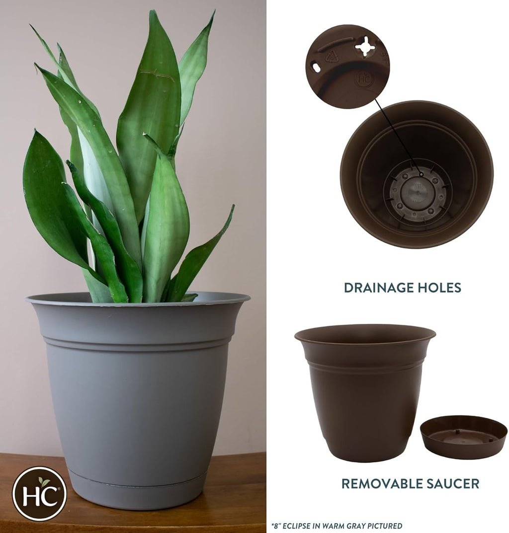 The HC Companies Eclipse Round Planter with Saucer - Outdoor & Indoor Plant Pot with Drainage Holes - Lightweight, UV-Resistant Plastic Pots for Plants, Flowers & Herbs (20" Chocolate, Pack of 1)