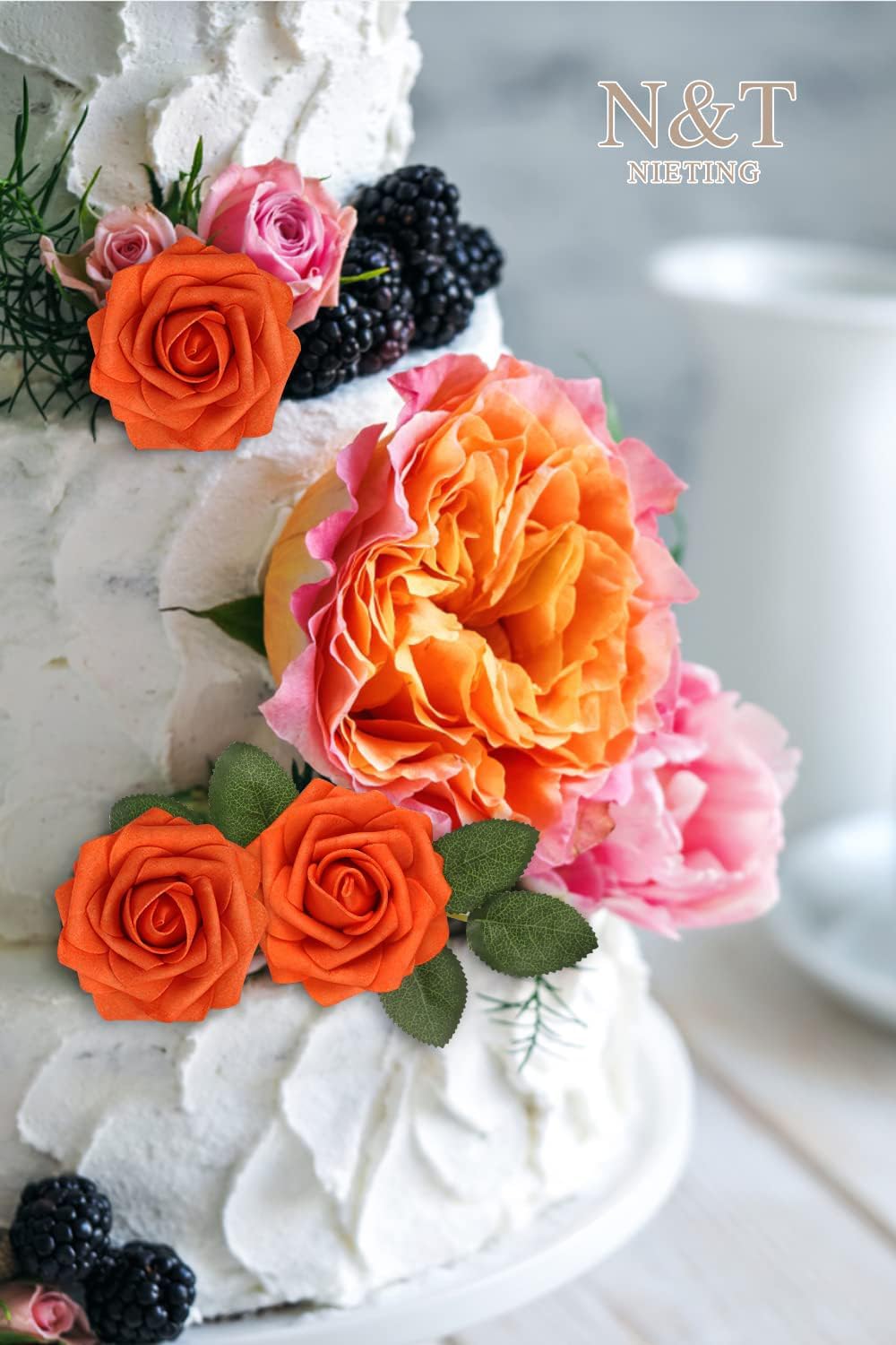 N&T NIETING Artificial Flowers, Fake Flowers Burnt Orange Roses Perfect for DIY Wedding Bridal Bouquets Centerpieces Bridal Shower Party Home Flower Arrangement Decorations, 50Pcs