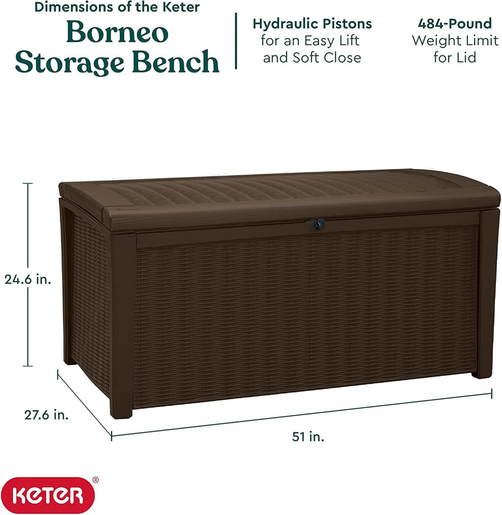 Keter Outdoor Storage Deck Box, for Patio, Backyard & Garden, Borneo, 110 Gallon, Brown - Lockable, Organizing, and Waterproof Plastic Container Bench