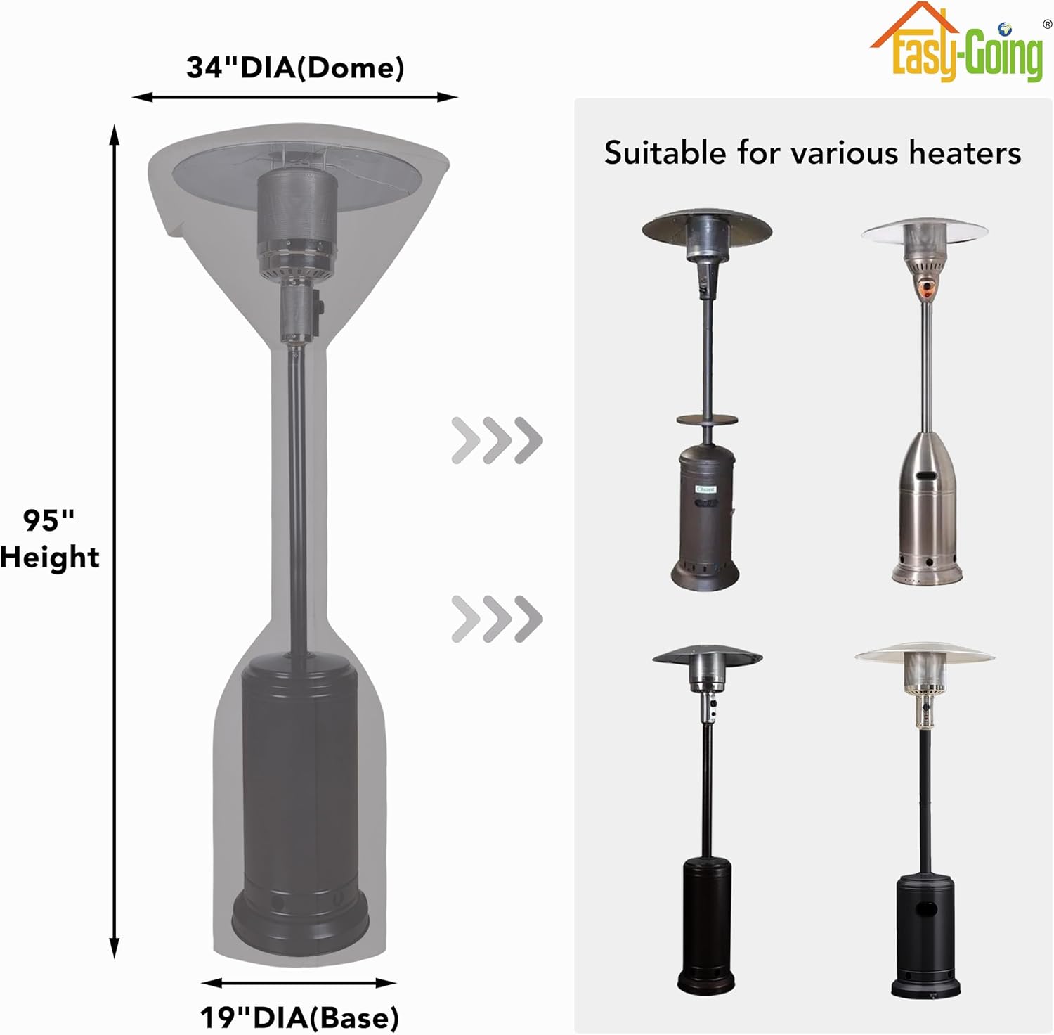 Easy-Going Stand-Up Patio Heater Cover with Zipper and Storage Bag, Waterproof Outdoor Heater Cover Dustproof, UV-Resisant, Wind-Resistant (95" H x 34" D x 19" B, Grey)