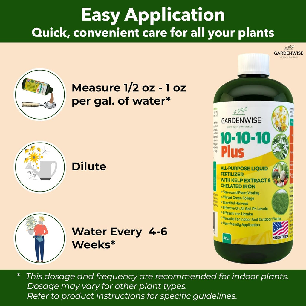 10-10-10 All Purpose Plant Food - Liquid Fertilizer with Seaweed Kelp & Iron - Indoor & Outdoor Plant Food, Vegetables, Flowers, Lawn & Garden 1x8oz