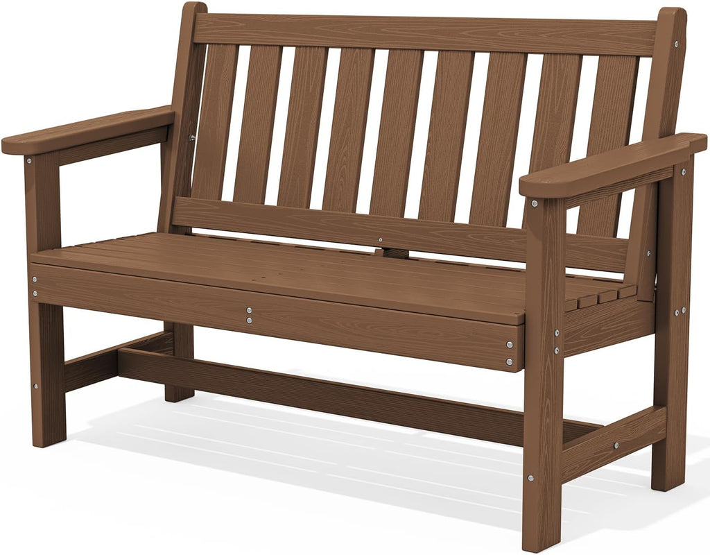 SERWALL Outdoor Bench, HDPE Outdoor Benches Weatherproof, 2-Person Garden Bench with 660 lbs Weight Capacity, Patio Benches for Outdoors, Garden, Porch, Backyard and Park, Brown