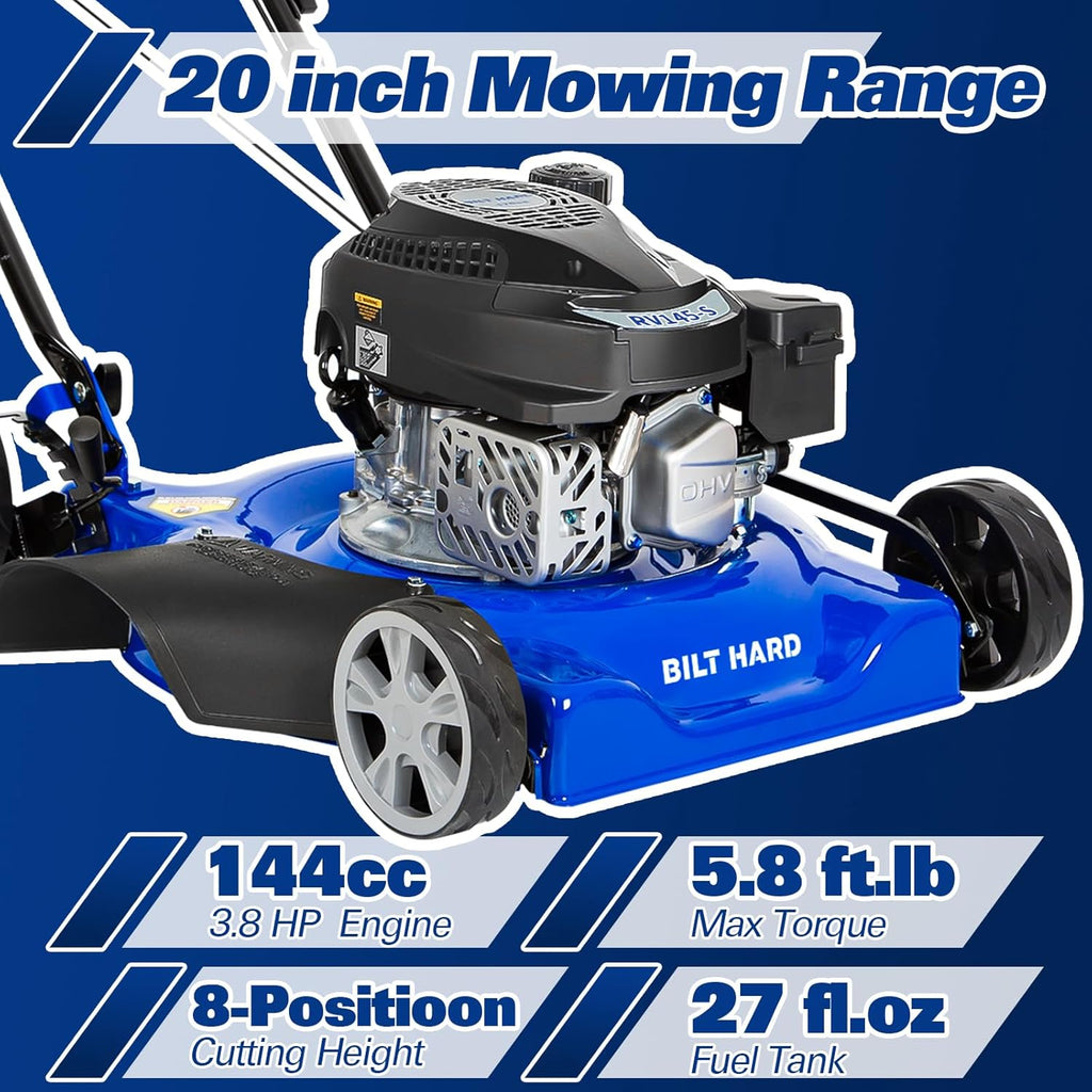 BILT HARD 20'' Push Gas Lawn Mower, 144cc 4-Cycle OHV Engine Walk Behind Lawnmower, Side Discharge with 8-Position Adjustable Cutting Heights for Lawn, Yard and Garden