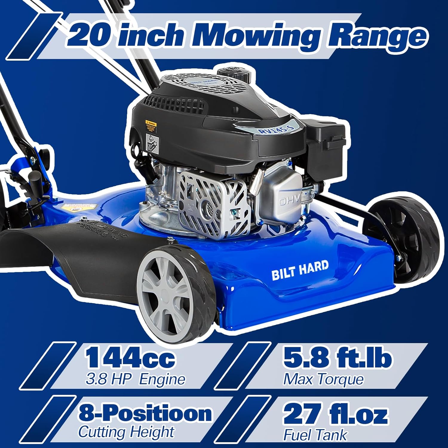 BILT HARD 20'' Push Gas Lawn Mower, 144cc 4-Cycle OHV Engine Walk Behind Lawnmower, Side Discharge with 8-Position Adjustable Cutting Heights for Lawn, Yard and Garden