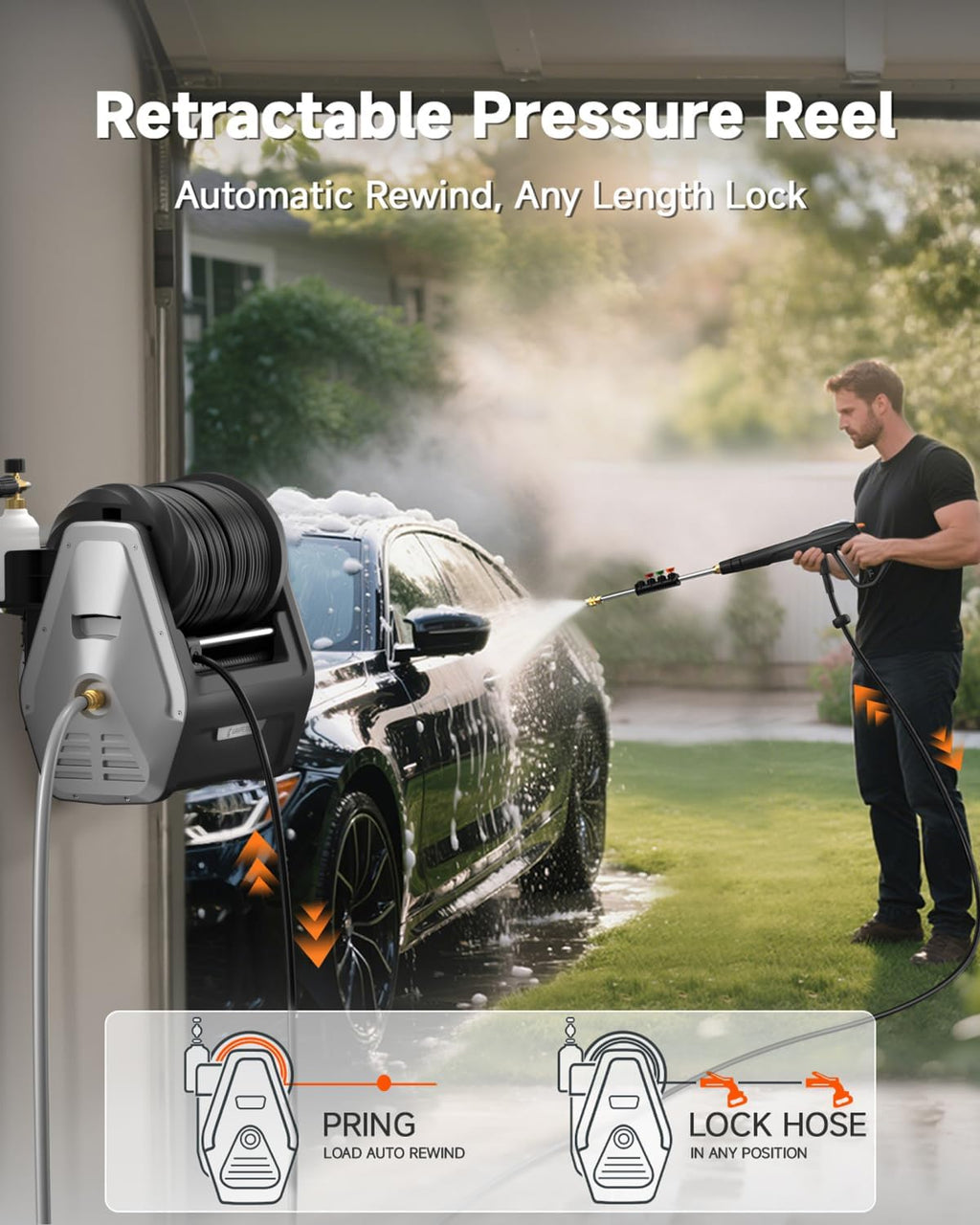 Giraffe Tools Wall Mounted Pressure Washer G30 with Upgraded 1800W Motor, Max 2900 PSI, 2.2 GPM Electric Power Washer with 100ft Retractable Black Pressure Hose, Automatic Rewind, Light Silver
