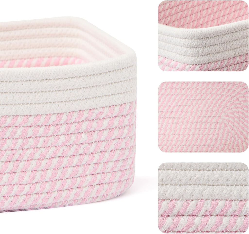 Small Storage Baskets for Organizing | Closet Organizer Bins | Shelf Toy Basket | Woven Rope Baskets | Cube Decorative Box | Shallow Basket | 11.5x7.5x4.7” | 3 Packs White Pink