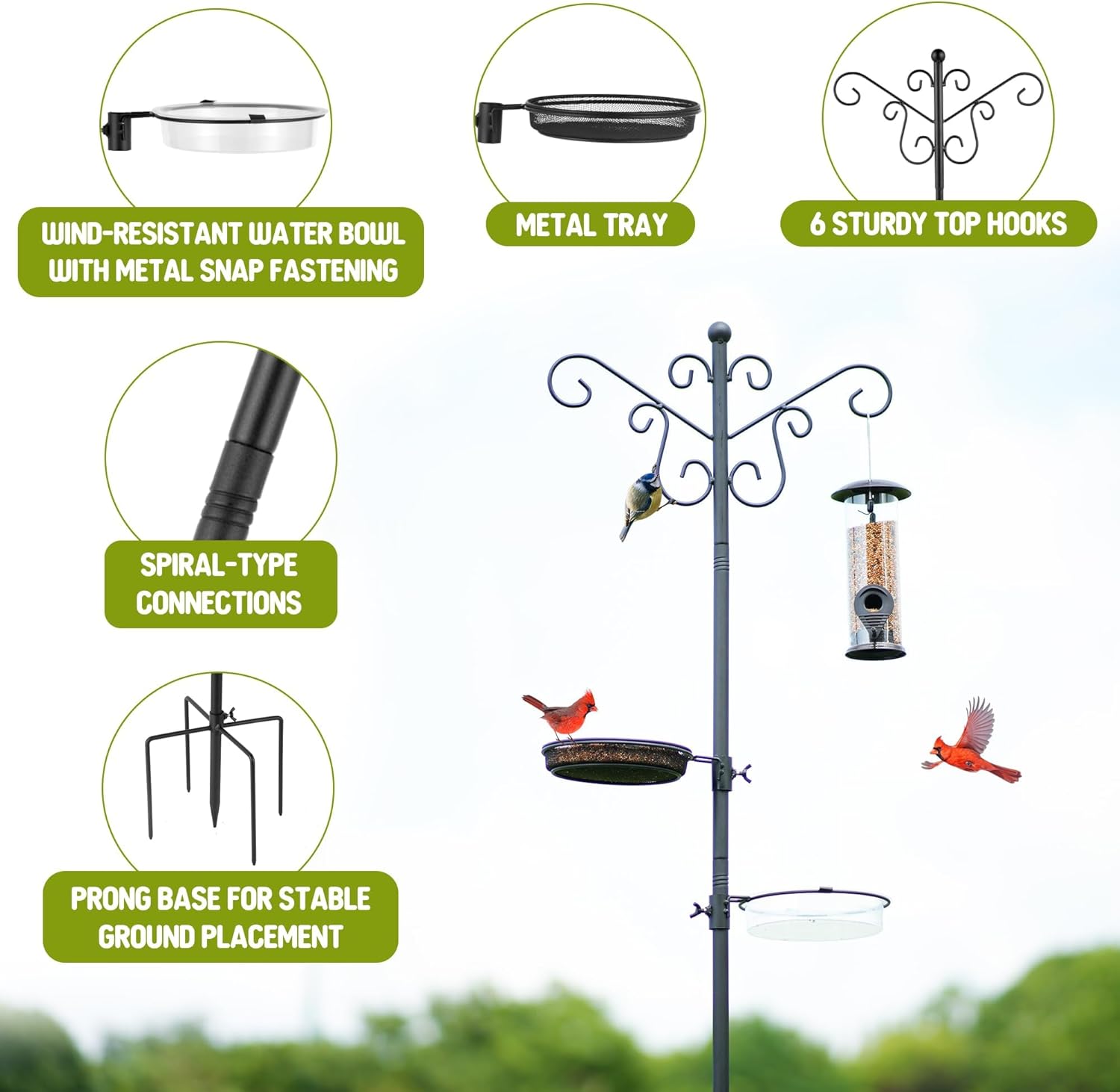 MIXXIDEA Bird Feeding Station Bird Feeder Pole with 5-Prong Base Hanging Hooks Water Bath Mesh Tray Wind-Resistant Water Bowl with Metal Snap Fastening for Outdoors to Attract Wild Birds