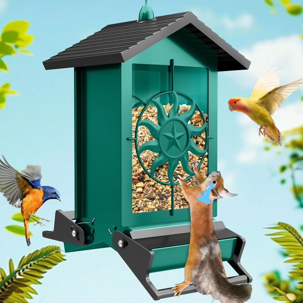 Squirrel Proof Bird Feeders for Outdoors, 5LBS Large Capacity Metal Wild Bird Feeder with Bilateral Weight-Activated Perches, Anti Squirrel Bird Feeders for Outside Finch, Cardinal, Blue Jay (Green)