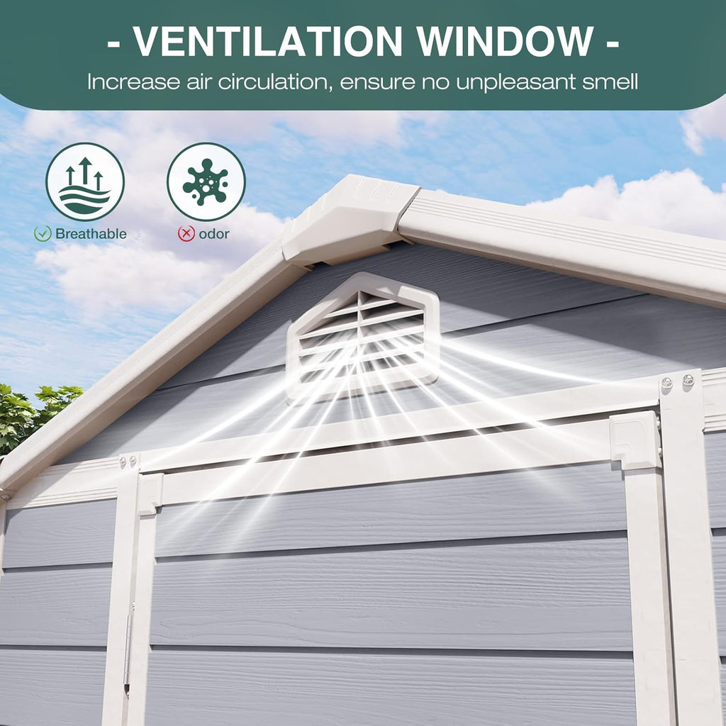 Storage Shed Plastic Outdoor Storage Shed Waterproof Container House with Lockable Door and Transparent Window for Garden, Lawn, Backyard, Patio (6x4FT)