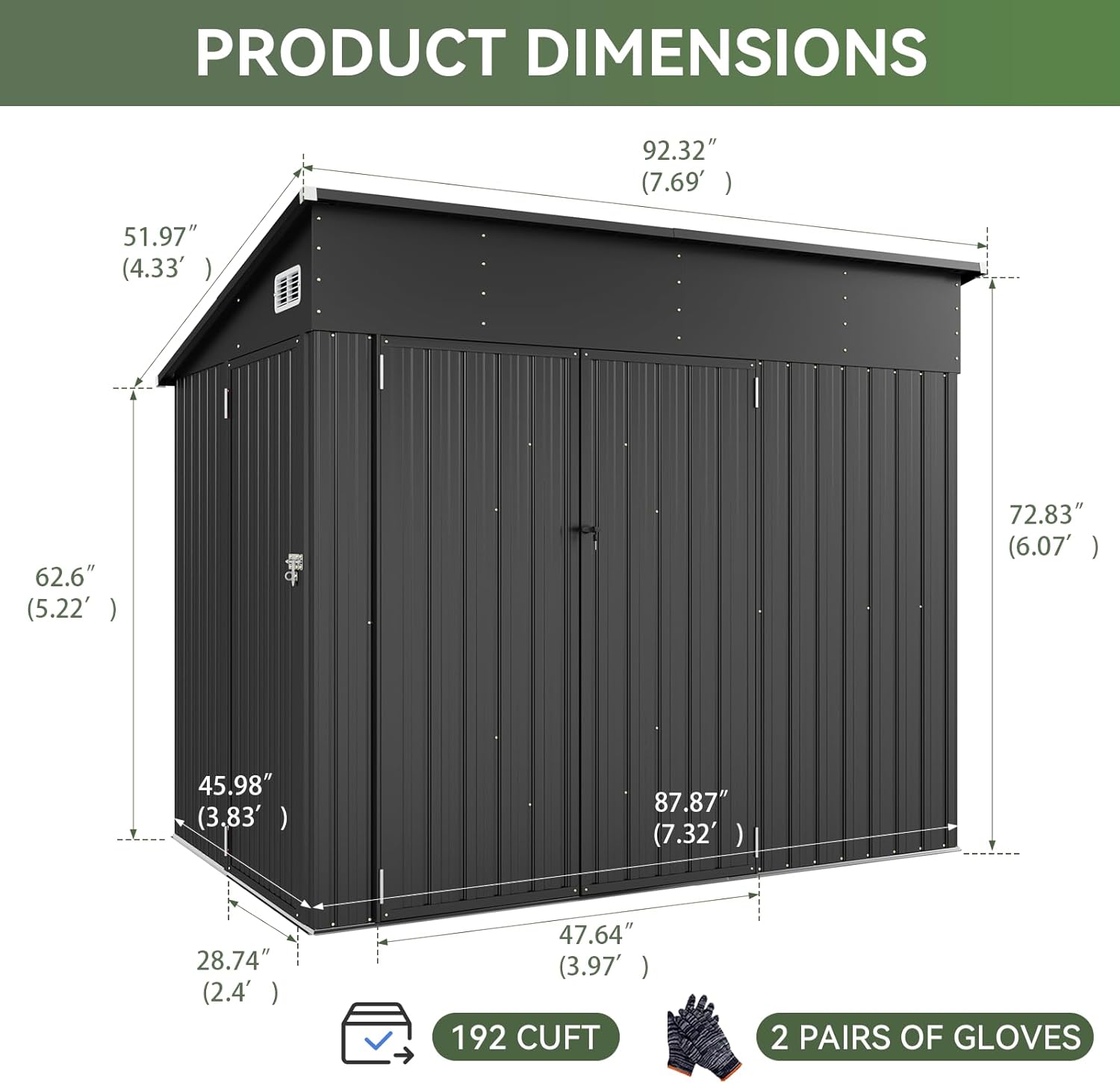 Aoxun 7' x 4' Shed 140 CU.FT Outdoor Waterproof Storage Shed with Triple Lockable Door Garden Metal Tool Shed for Outside