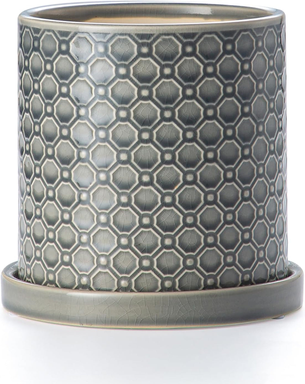 6 Inch Plant Pot: Ceramic Planter with Drainage Hole & Saucer Indoor Outdoor Plants - Cylinder Round Flower Pot for Home Office - Modern Decorative - Small Grey