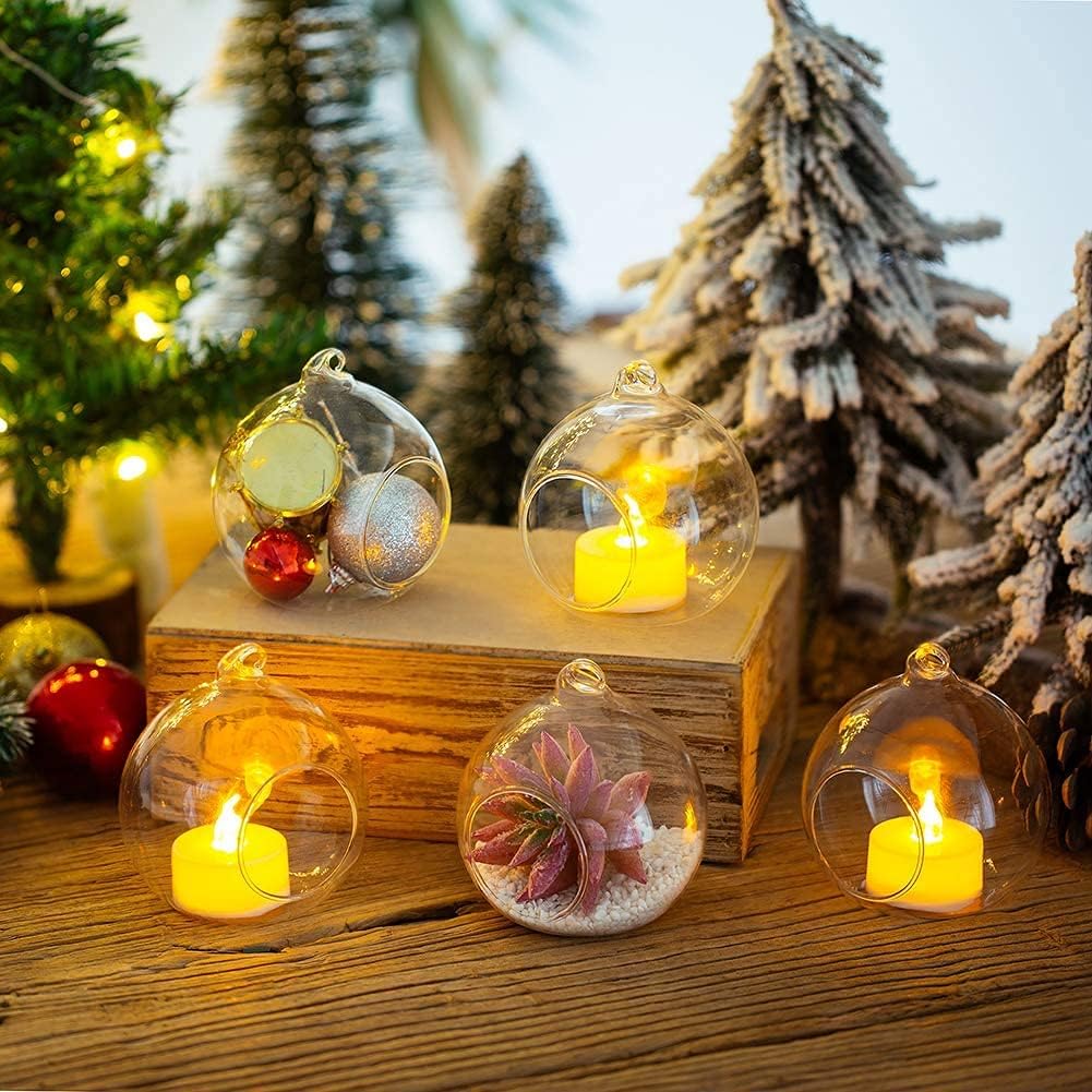 Sziqiqi Hanging Glass Tealight Candle Holder with LED Candles - 3.15inch Tea Light Globe Terrarium Holders Ornament for Wedding Christmas Birthday Halloween Party Centerpieces Decor 24pcs