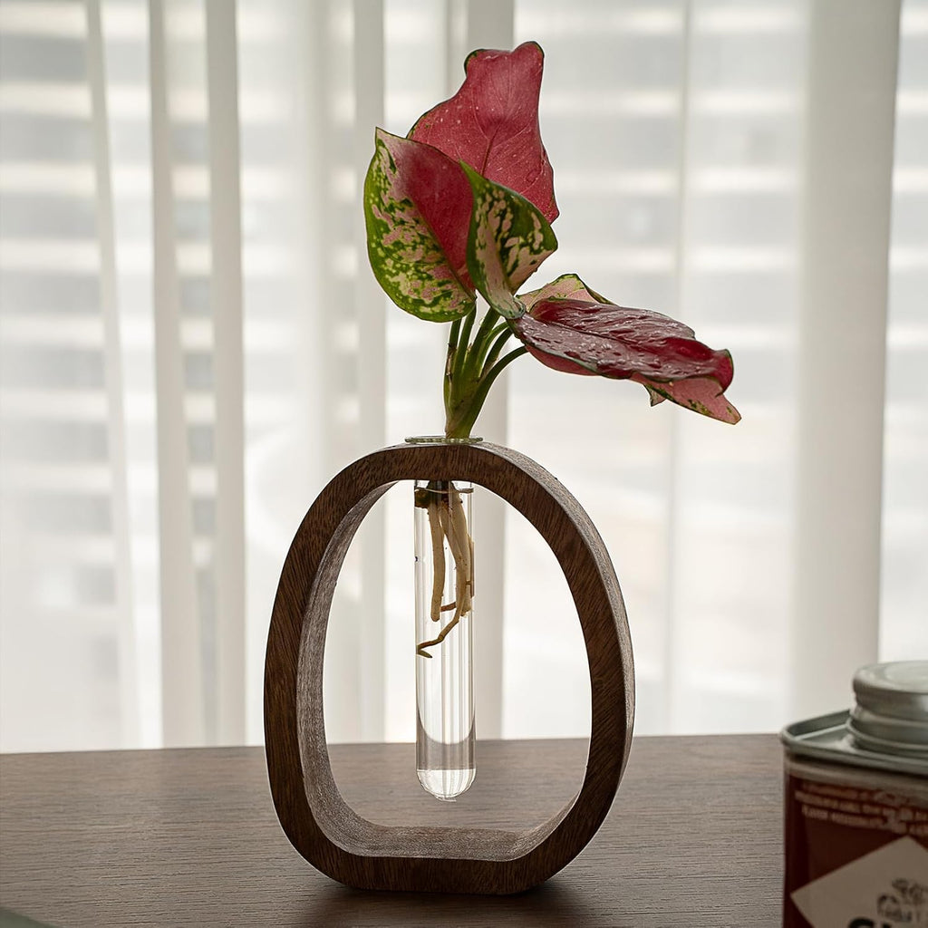 Modern Wooden Glass Test Tube Vase - Desk Plant Decor, Suitable for Home and Office Use