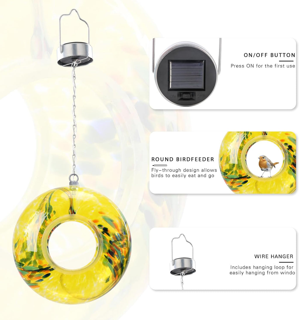 VCUTEKA Bird Feeder Solar Fly Through Bird Feeders for Outside Hanging with Round Shape Glass Container to Attract Wild Birds for Garden Decor, Yellow 8"