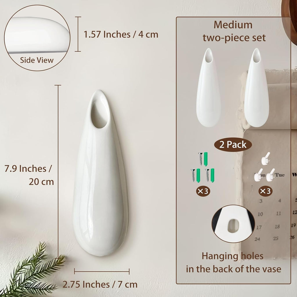 2 Pack White Ceramic Wall Vases,7.9 Inch Wall Hanging Plant Holder,Cubicle Modern Decor Plant Holder Vase for Indoor Plants, Hanging Propagation Flower Pots for Air Vases