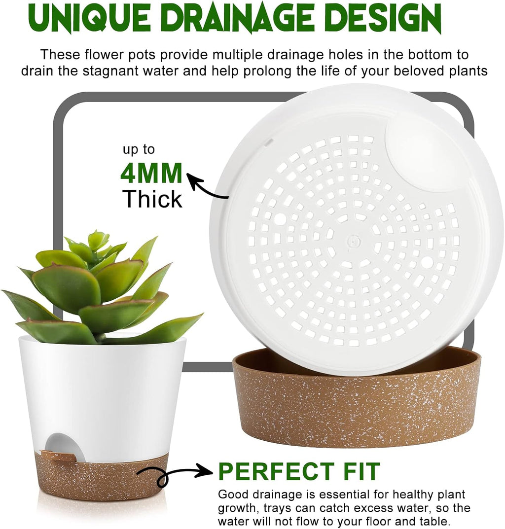 Indoor Outdoor Plant Pots- Self Watering Planters with Drainage Holes and Saucers, 9,8, 7.5 Inches, 3 Pots (Snow)