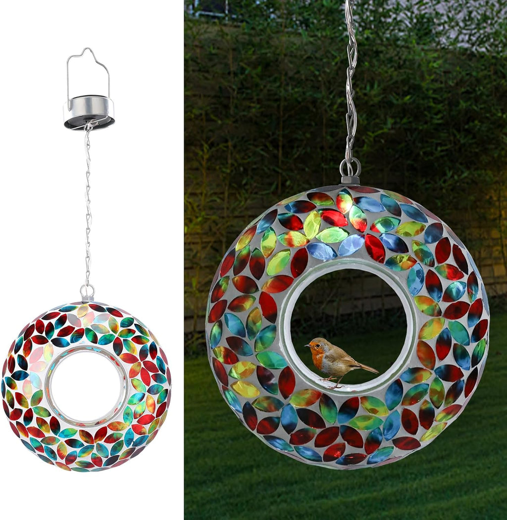 VCUTEKA Mosaic Bird Feeder Solar Fly Through Birdfeeder for Outside Hanging Round Shape Glass Container to Attract More Wild Bird Feeders for Garden Decor as Gift for Bird Lovers, Red 10-Inch