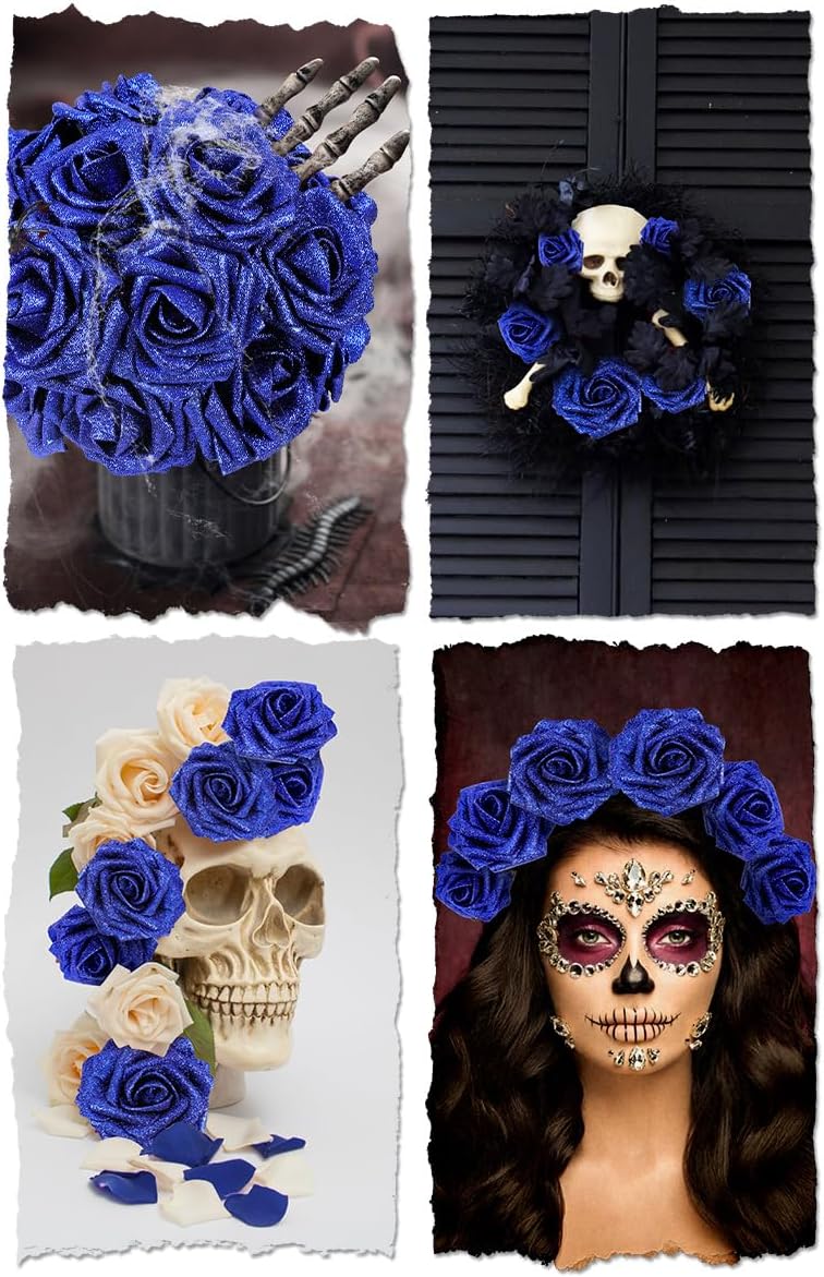 N&T NIETING Artificial Flowers Glowing Navy Blue Flowers Foam 25pcs Glitter Roses Real Looking Fake Roses with Stem for DIY Wedding Bouquets Centerpieces Bridal Shower Party Home Decorations
