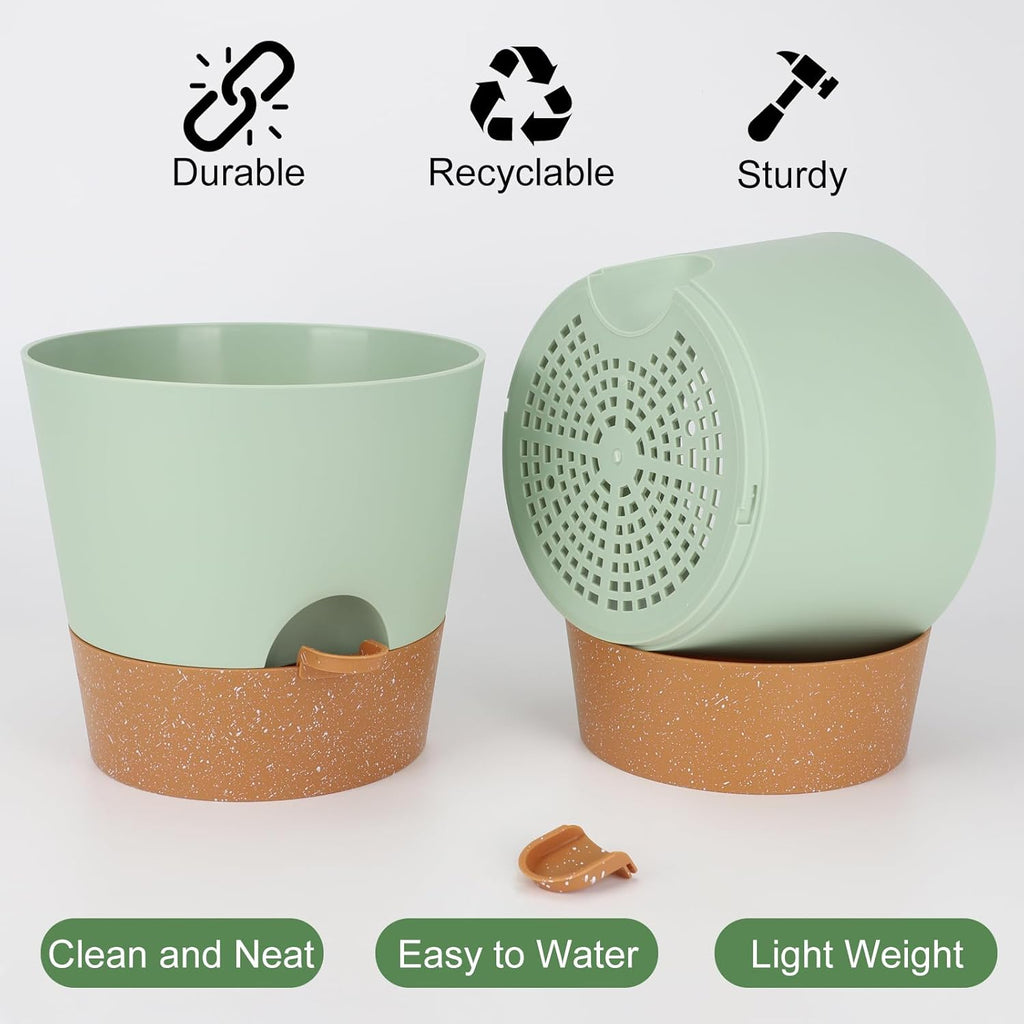 10-Inch Plant Pots, Self-Watering Planters with Drainage Holes & Saucers for Indoor and Outdoor Plants (2-Pack, Green)