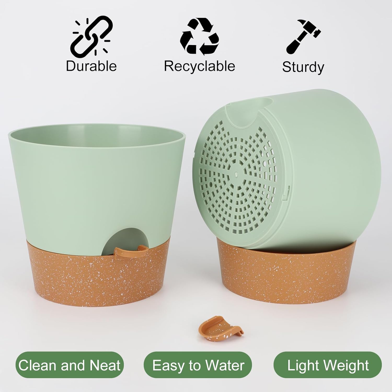 10-Inch Plant Pots, Self-Watering Planters with Drainage Holes & Saucers for Indoor and Outdoor Plants (2-Pack, Green)