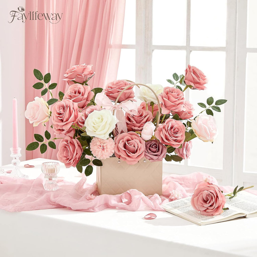 20PCS Artificial Dusty Pink Roses, 3.9'' Silk Flower Head Fake Dusty Pink Rose with Long Stems, Realistic Faux Roses Bouquet for Mother's Day DIY Wedding Home Party Office Decoration