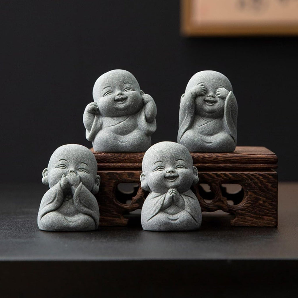 Laughing Buddha Statue Decor - 4Pcs Small Zen Monk Sandstone Buddha Sculpture for Wealth Good Luck Feng Shui Decor, Cute Zen Decoration for Home Office Desk Indoor and Outdoor(Gray)