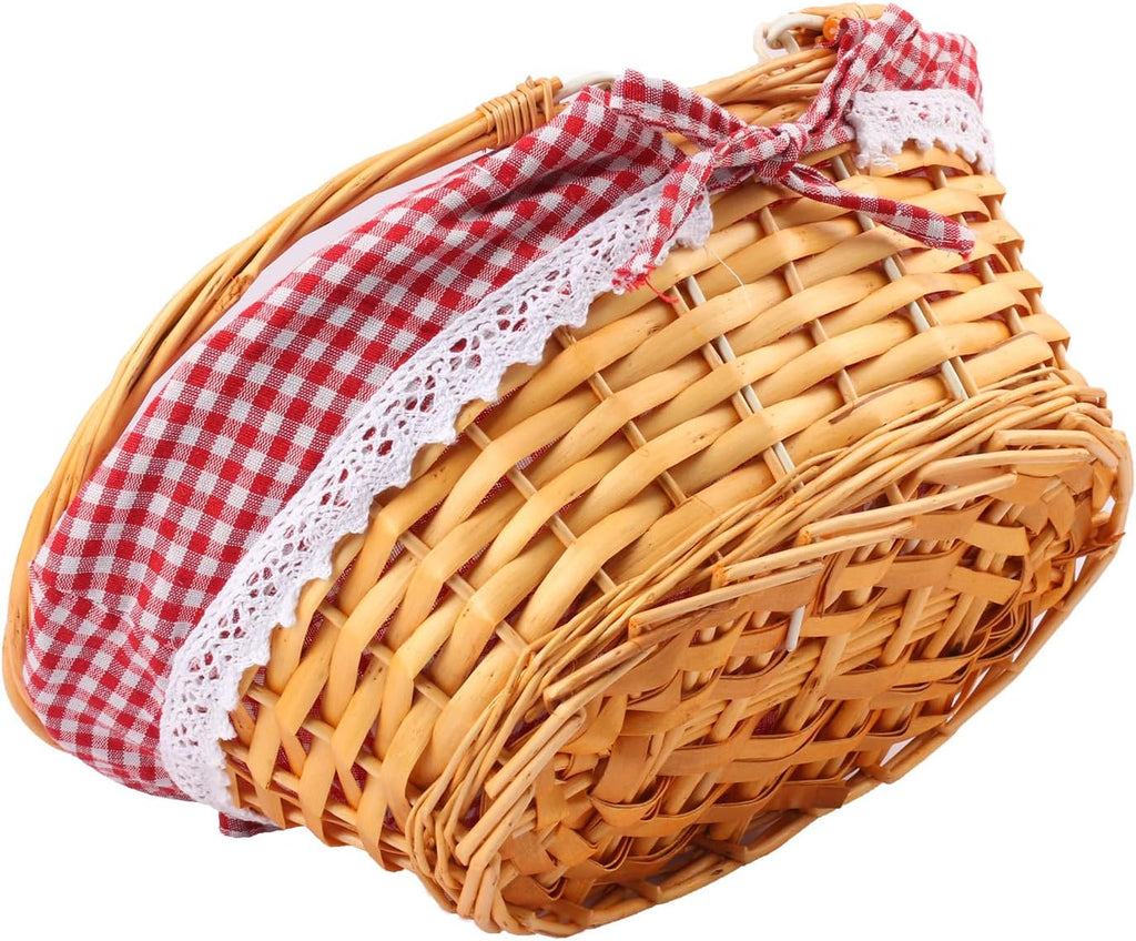 2 Pack 12.6 Inch Natural Wicker Basket with Checkered Lining, Oval Wicker Woven Basket with Handle, Willow Woven Picnic Baskets for Picnic, Camping, Party(Small)