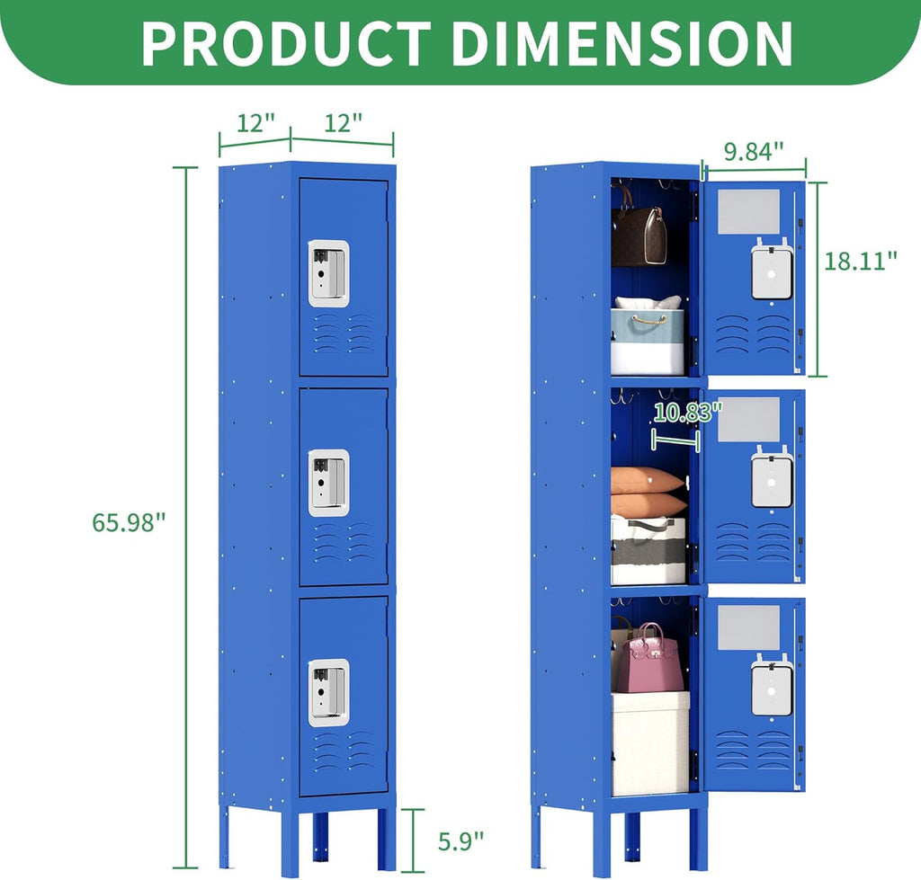 Metal Lockers for Employees, Storage Employee Locker, Storage Lockers with Shelves Steel Cabinet for Home (Blue, 3 Door)