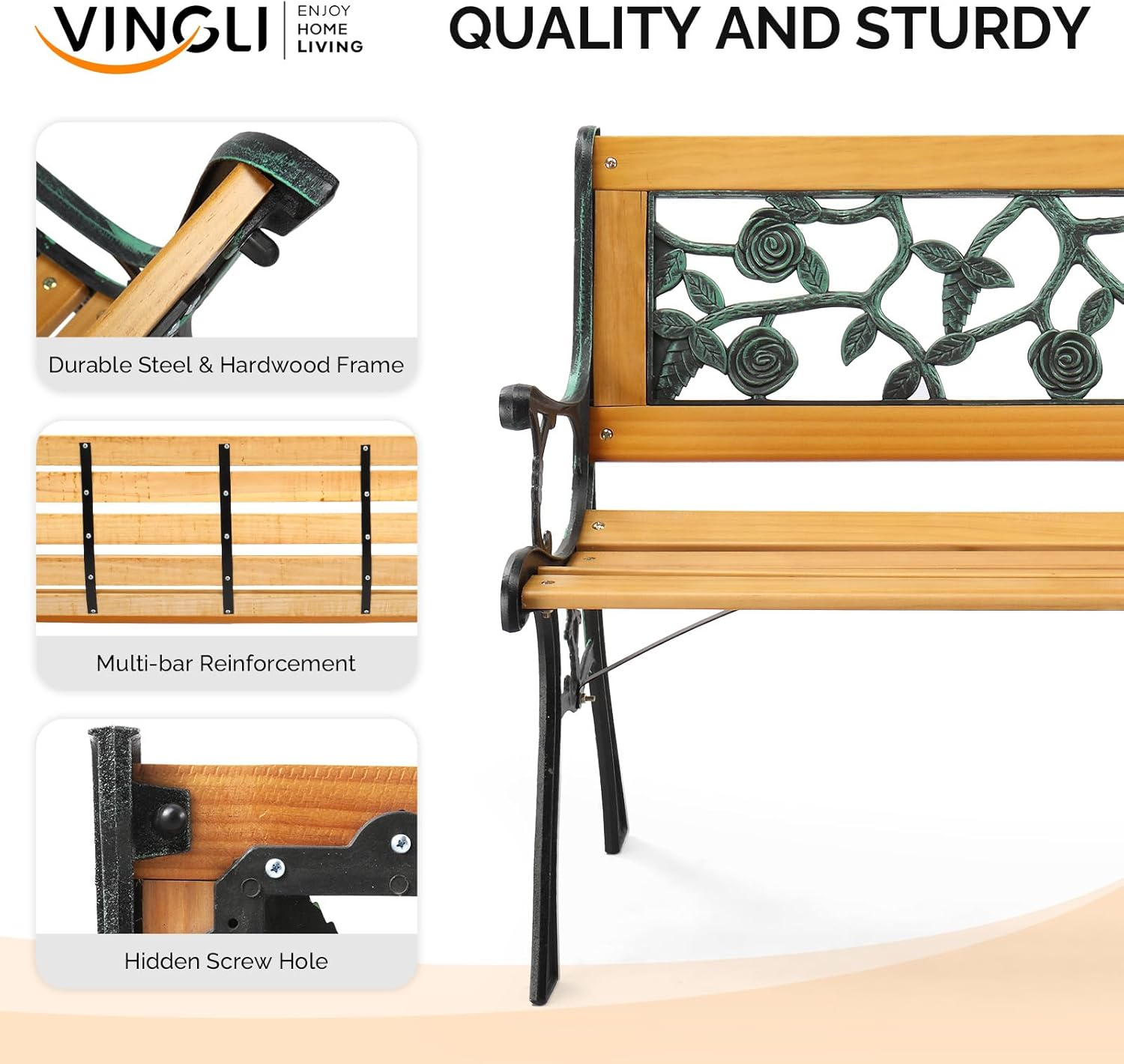 VINGLI Outdoor Bench Metal Garden Bench, Wood Patio Benches w/PVC Backrest Cast Iron Love Seat Park Benches for Porch Yard (Rose)