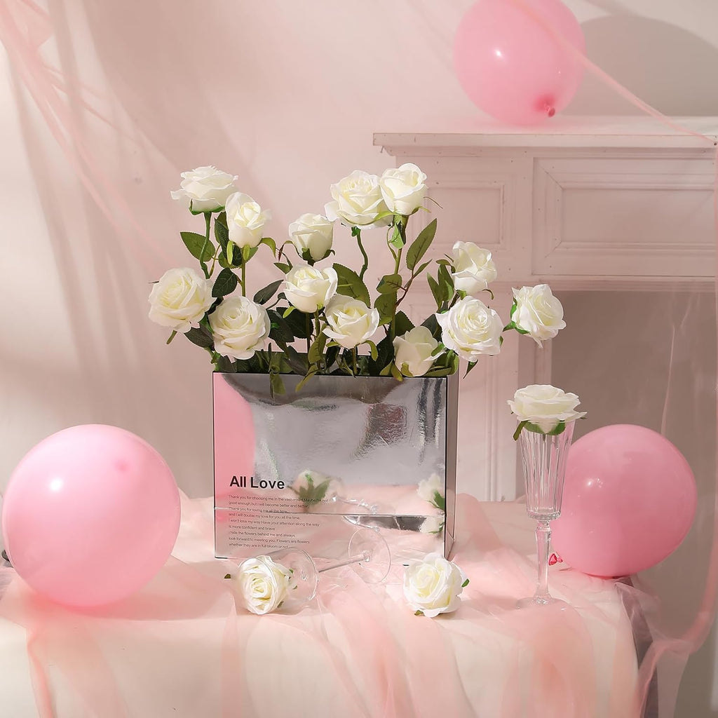 Hawesome 12PCS Artificial Silk Flowers Realistic Roses Bouquet Long Stem for Home Wedding Decoration Party (White -2)