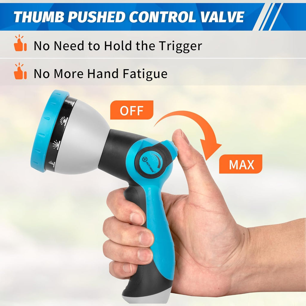 AUTOMAN Garden Hose Nozzle - 10 Adjustable Spray Patterns, Thumb Flow Control Hose Sprayer, Water Hose Spray Nozzle for Plants Watering, Car Washing, Window Cleaning, Pets Bathing, Outdoor Fun, Blue