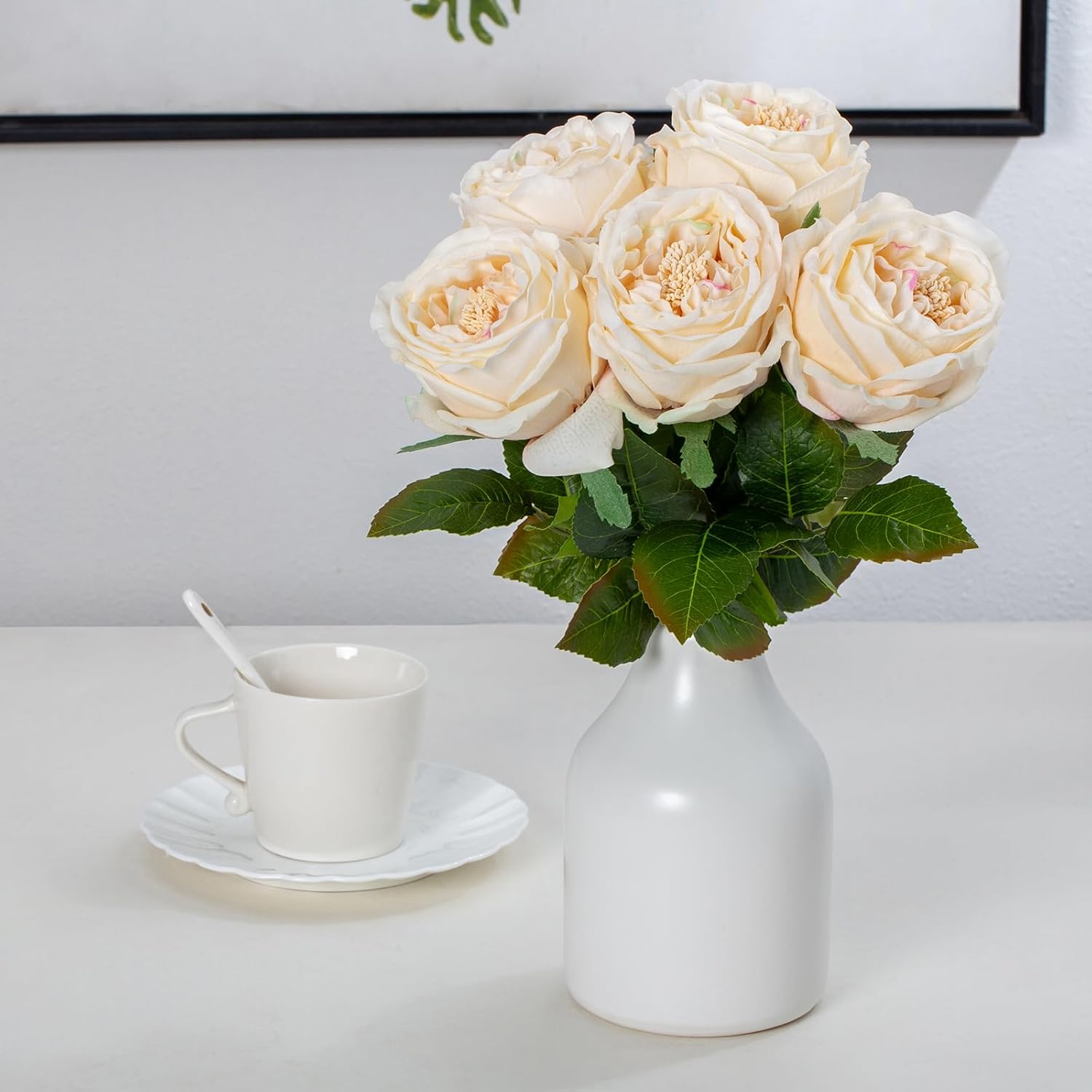 DuHouse 5Pcs Silk Roses Fake Champagne Roses with Stems Real Touch Rose Artificial Flowers for Arrangement Wedding Party Home Decoration