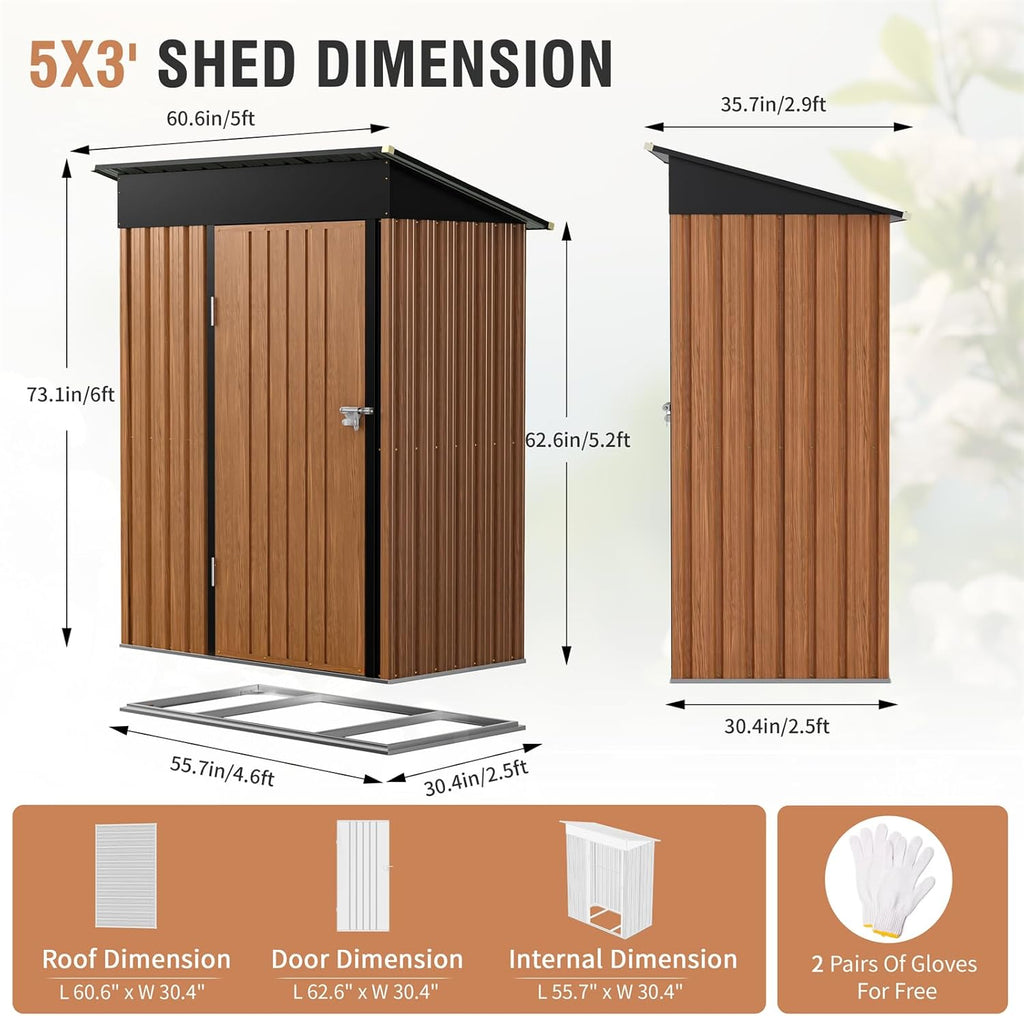 5x3 Ft Storage Shed, Outdoor Metal Shed with Floor Base& Lock, Small Lean to Shed, Compact Vertical Outside Bike Tiny House for Garden, Backyard, Patio, Tool