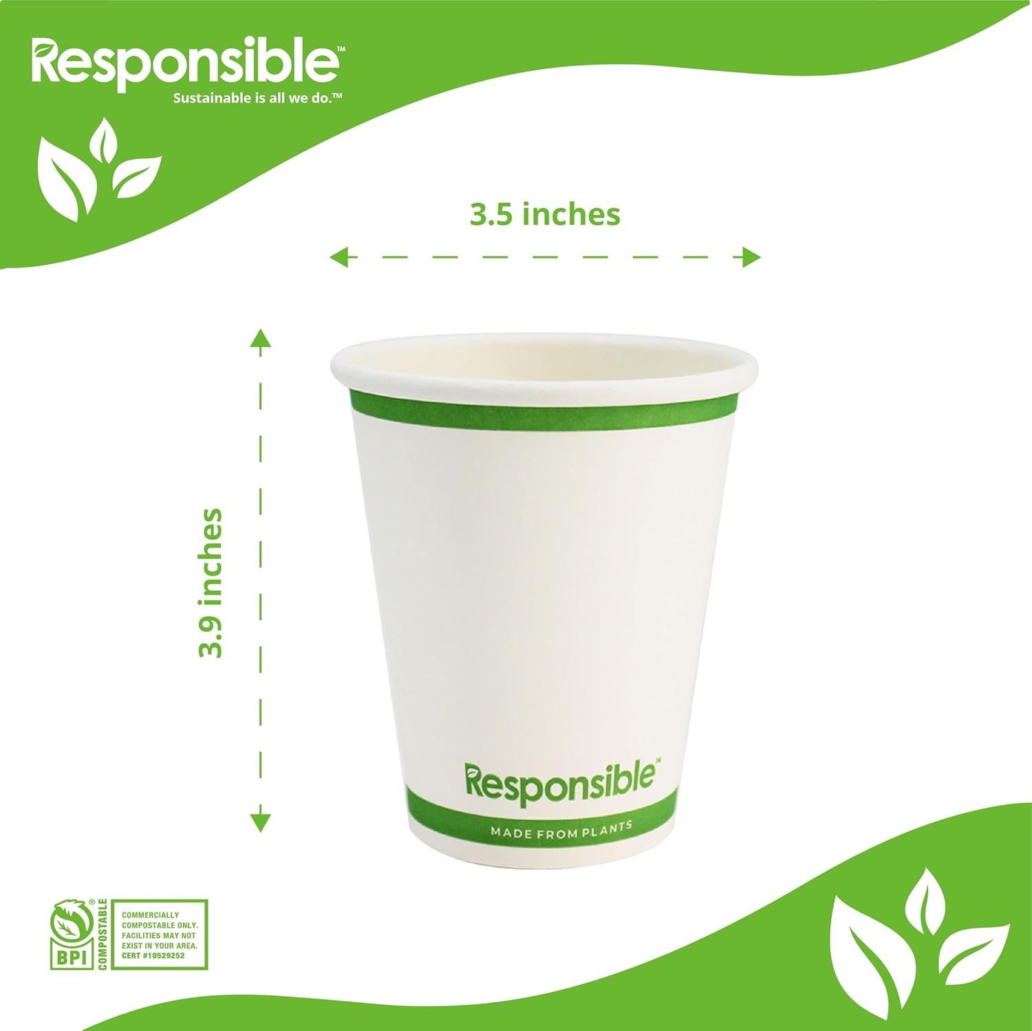 10 oz Paper Hot Cups, Tree-Less™ Compostable Paper Coffee Cups, Extra Strength, Tree-Free and Made Without PFAS, White (1000 Count)