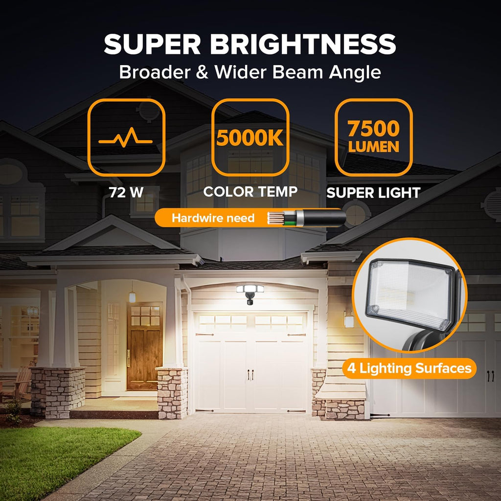 LUTEC 72W 7500LM LED Security Lights Motion Sensor Light Outdoor, 5000K Daylight, IP65 Waterproof, Dusk to Dawn, 3-Head Motion Detected Flood Light for Garage, Yard, Porch(Black)