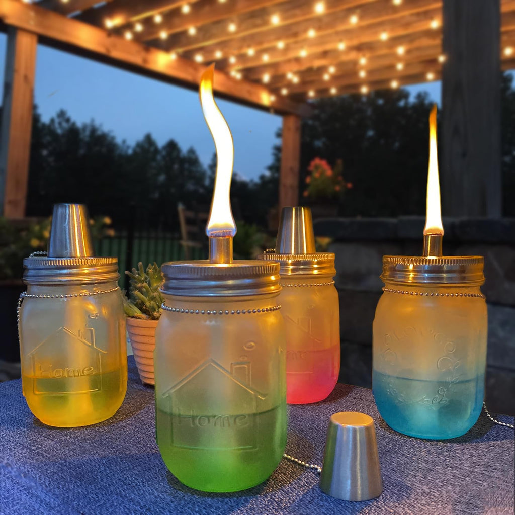 Mason Jar Tabletop Torch Kits,4 Pack Longlife Fiberglass Wicks,Stainless Steel Mason Jar Lids Caps Included,Outdoor Deck Oil Lamp Torch