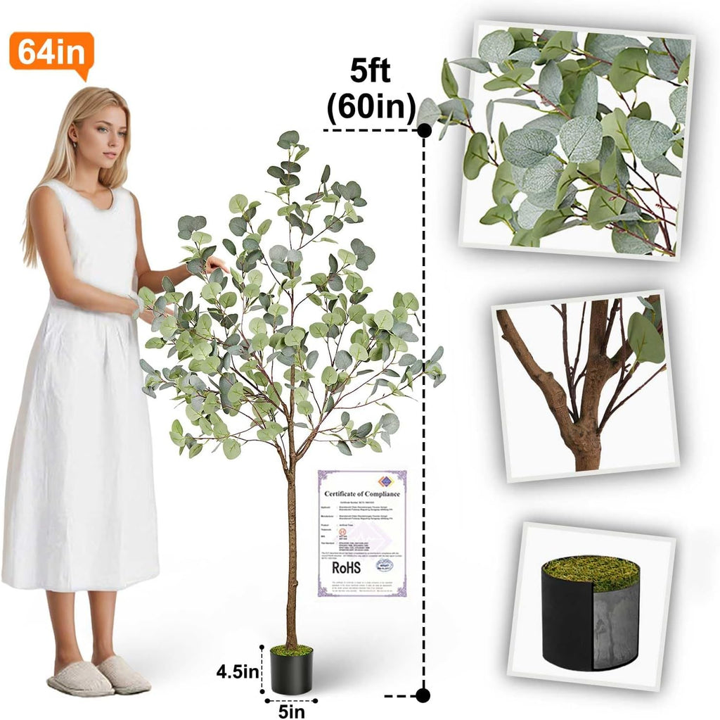 Aveyas 5ft Artificial Eucalyptus Tree for Home Decor, 5 Feet Large Faux Floor Plant Fake Silk Trees with Pot for Indoor Outdoor House Living Room Office (5 ft Tall)