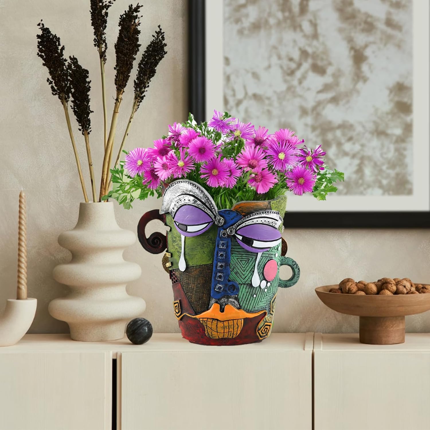 Picasso Brutalist Abstract Face Planter - Head Ornament Flower Pot Container - Colorful Art Resin (Picasso's Tearful Flowerpot)