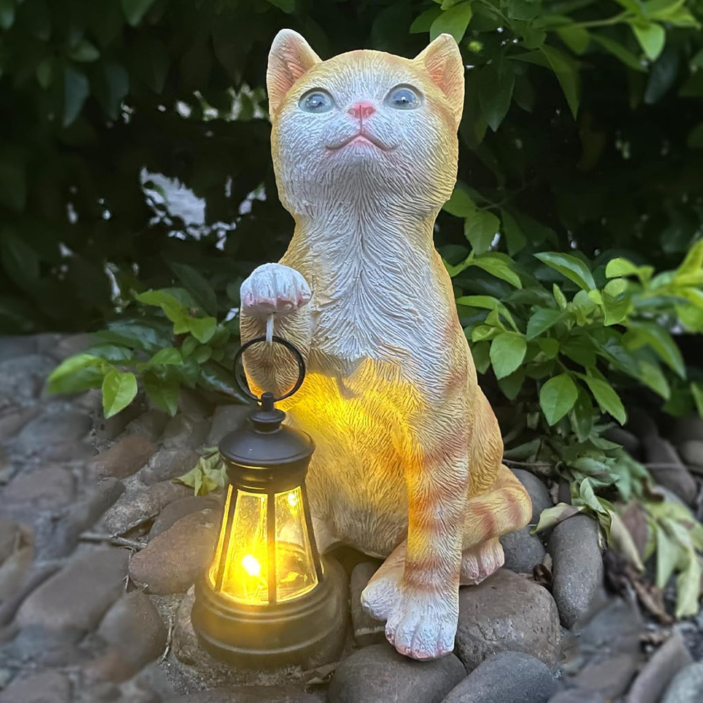 Garden Decor Solar Cat Statues with Solar Lantern Outdoor Decor Lovely Tabby Cat Figurine Halloween Yard Decoration Spooky Lawn and Garden Decor Holiday Party Ornament for Cat Lovers