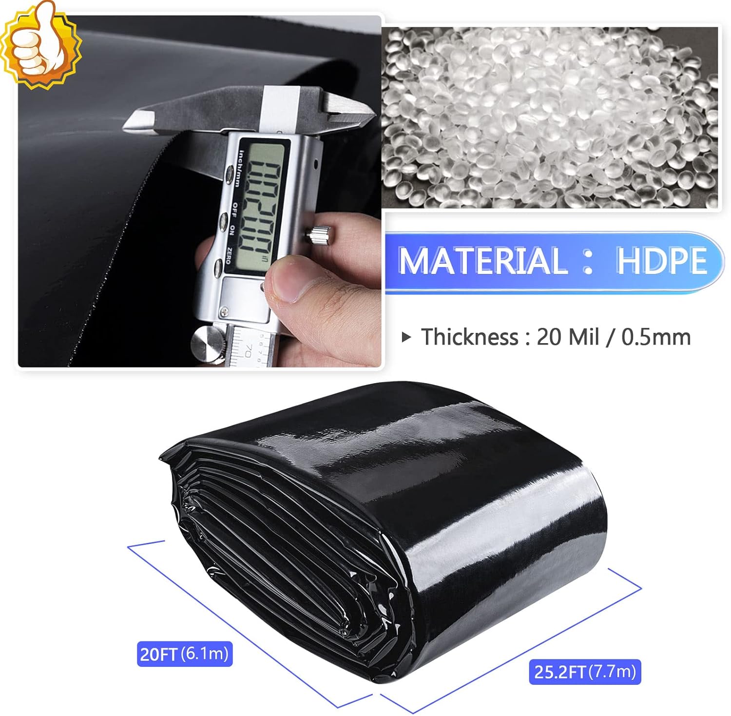 ToLanbbt Pond Liner 20 x 25.2 Ft HDPE Pond Liners, 20 Mil UV Resistant Preformed Pond Liner Easy Cutting, Pond Liner for Natural Looking Ponds, Waterfall, Koi Pondsand Water Garden (Black)