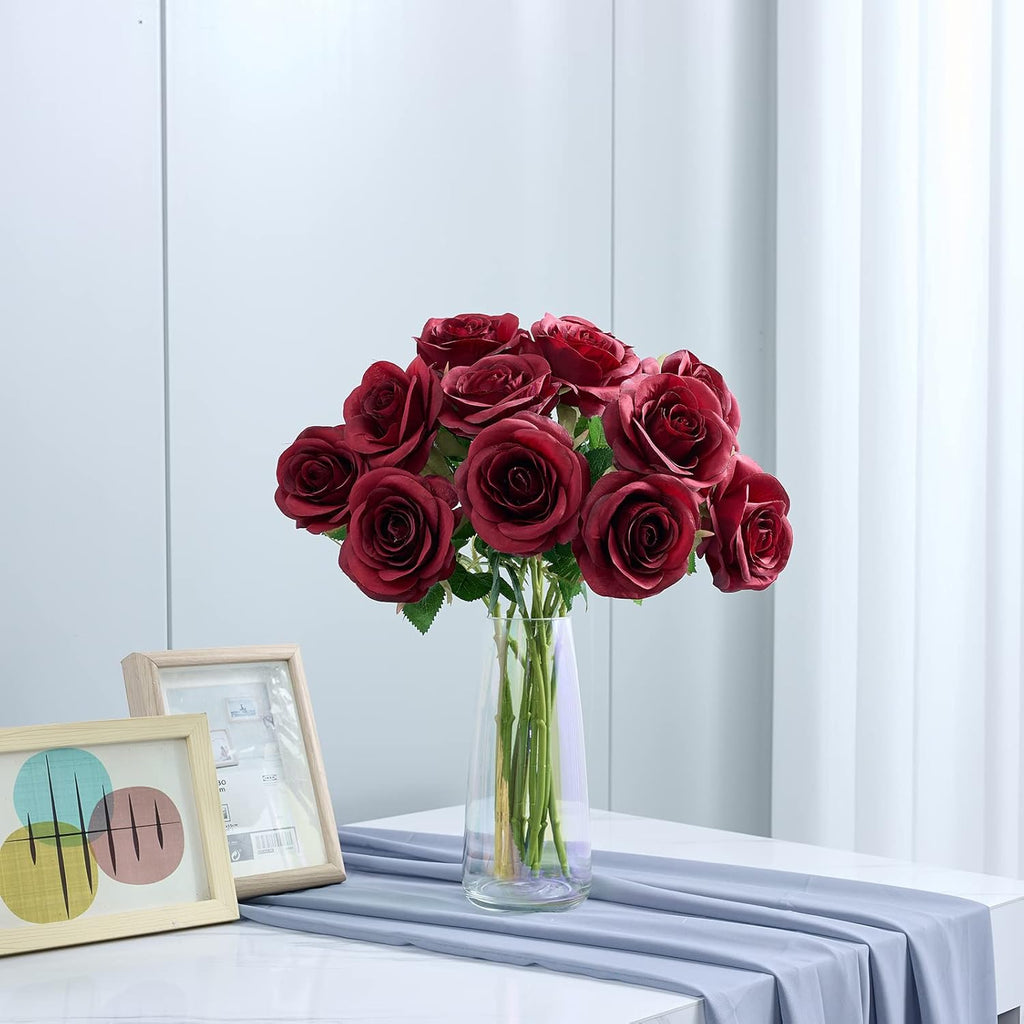 12pcs Roses Artificial Flowers Fake Roses Burgundy Silk Roses Wine Red Silk Flowers Rose with Long Stems for Wedding Home Party Centerpieces Decorations