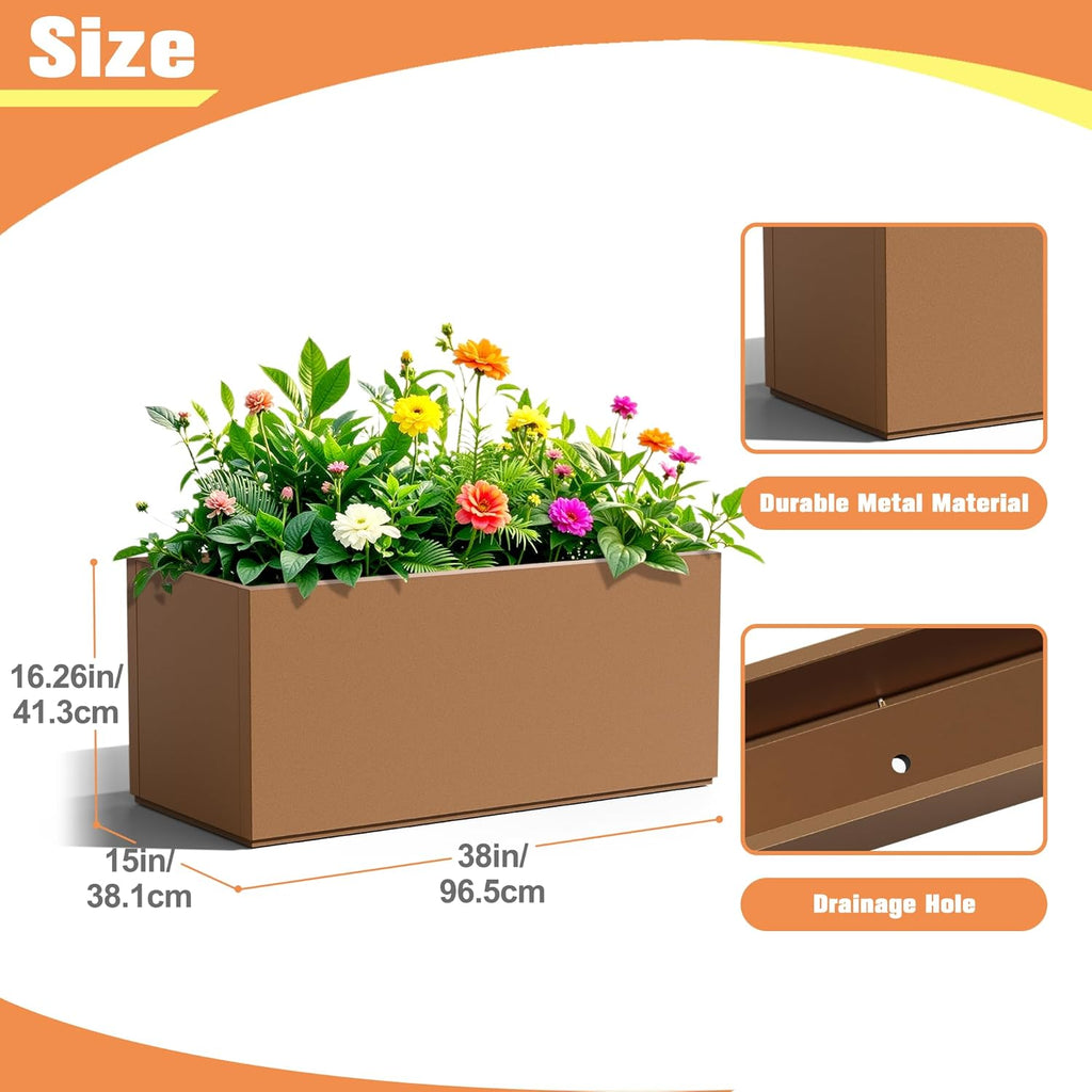Rectangle Planter for Indoor & Outdoor, Tall and Long Planter Boxes with Drainage Holes, Mental Planter Box All-Weather Use for Plants, Flowers, 38" L x 15" W x 16.3" H, Brown