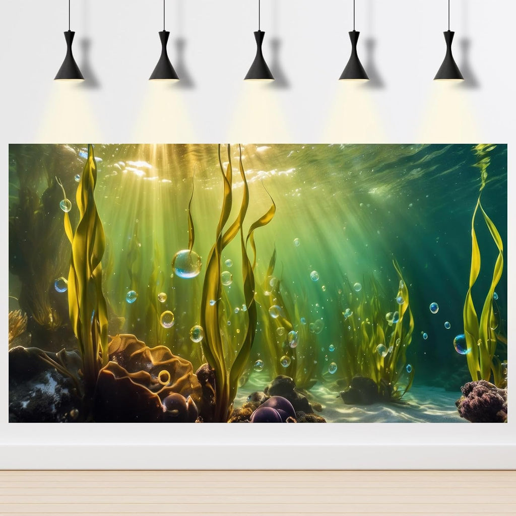 Aquarium Background Underwater Beautiful Coral Reef with Seaweed Bubbles Terrarium Backdrop Aquatic Plants Sunlight Rays Fish Tank Background Tank Aquarium Wallpaper Poster Decor Vinyl 60x24in