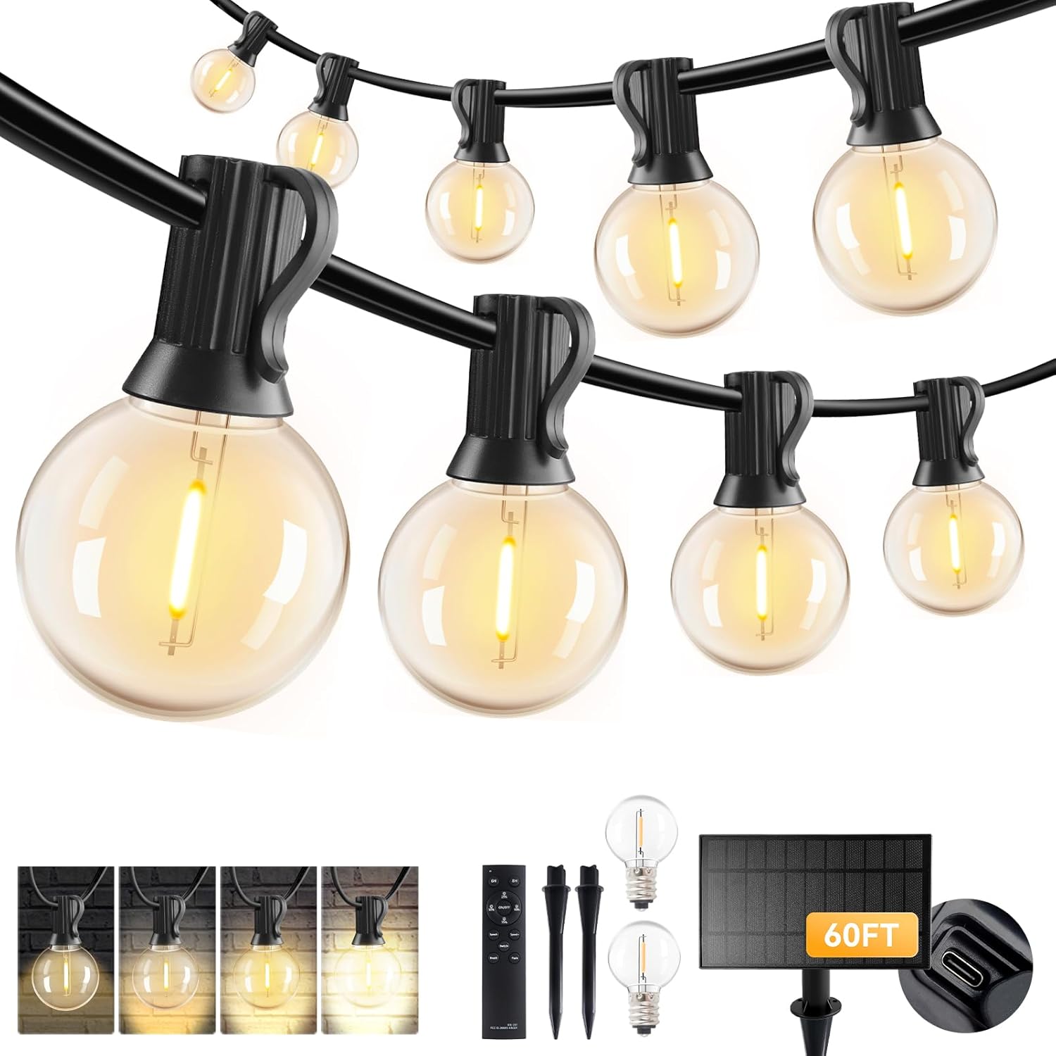 HJQ 60FT Solar String Lights Outdoor Waterproof, Patio Lights Solar Powered with Remote & USB Port, 20+1 LED Shatterproof Bulbs, 3 Light Modes, Dimmable Solar Hanging Lighting for Camping Yard Garden