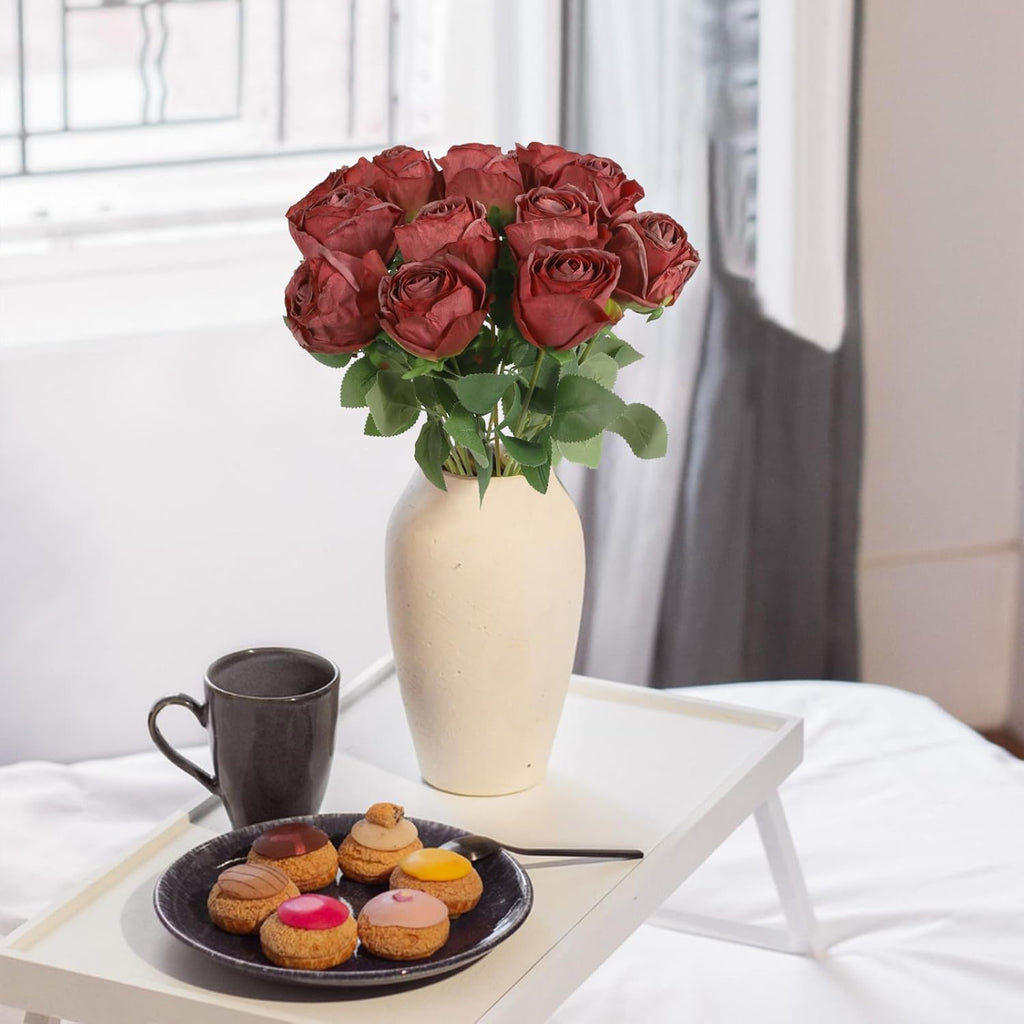 12 pcs Roses Artificial Flowers Vintage Red Burnt Edge Rose 20" Realistic Silk Roses Bouquet with Long Stem for Wedding Party Floral Centerpieces Decoration (Vintage Red)