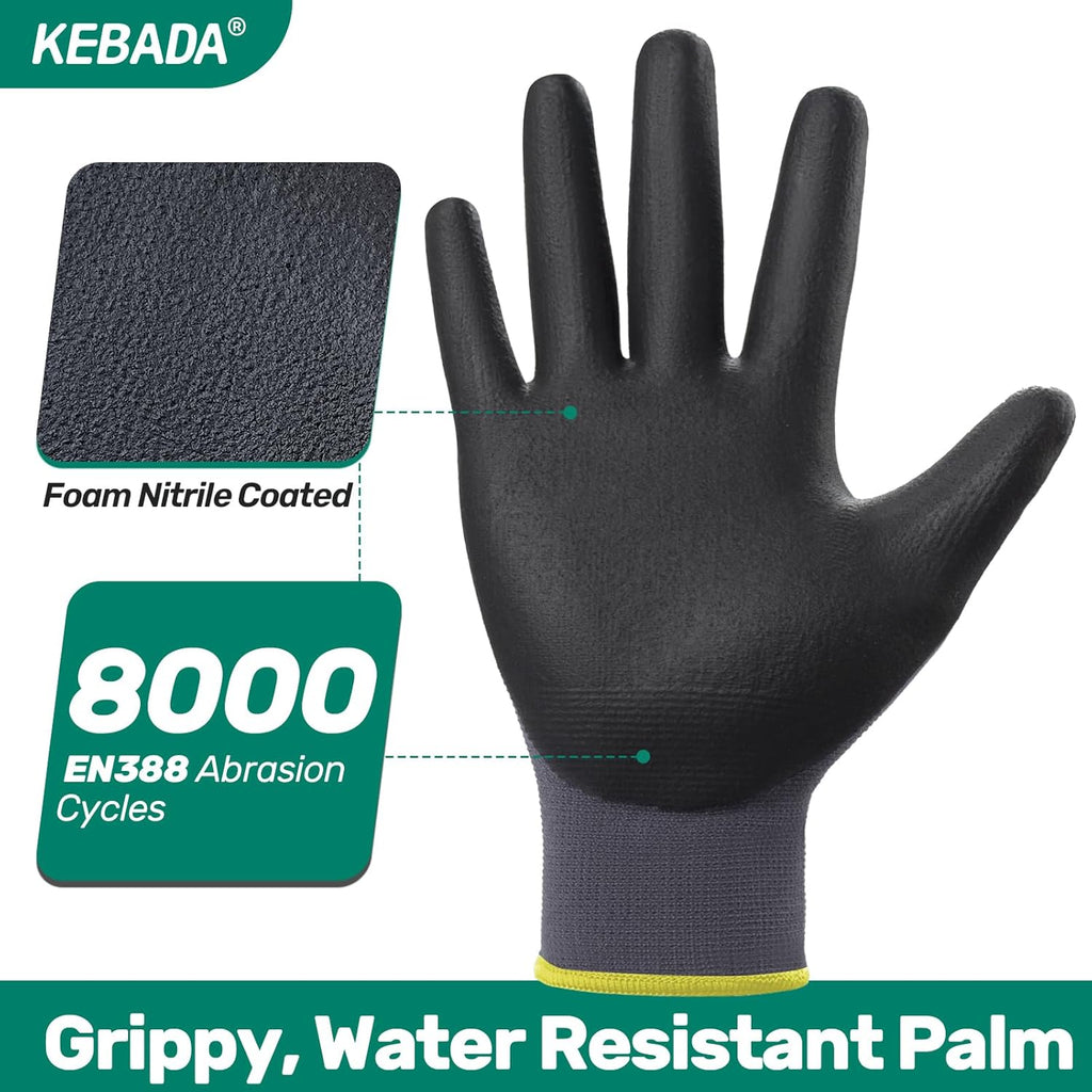 Kebada W5 Work Gloves Bulk Pack (60 Paris), Foam Nitrile Coated Working Gloves with Grip, Ultra Stretchable Spandex Knit Gloves for Gardening and Light Duty Mechanic Work, Small (Made in Vietnam)