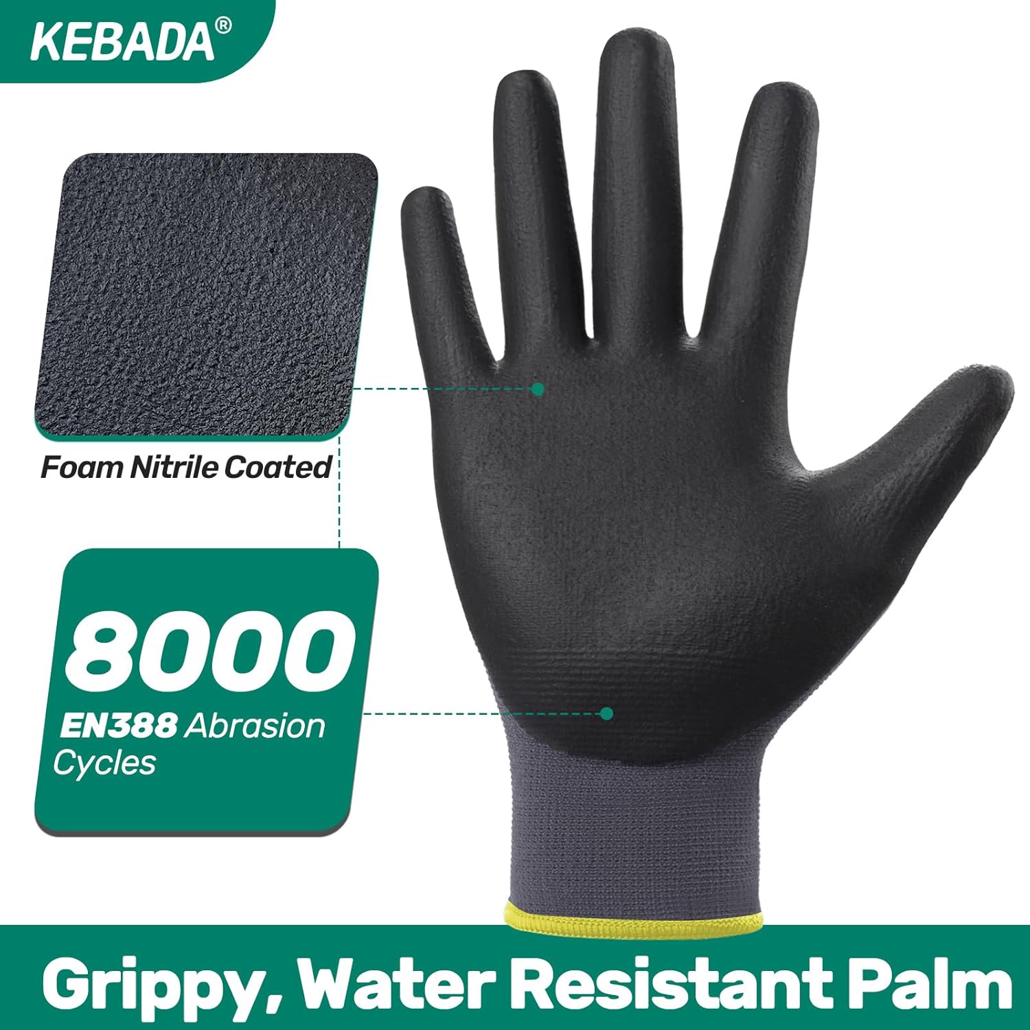 Kebada W5 Work Gloves Bulk Pack (60 Paris), Foam Nitrile Coated Working Gloves with Grip, Ultra Stretchable Spandex Knit Gloves for Gardening and Light Duty Mechanic Work, Small (Made in Vietnam)