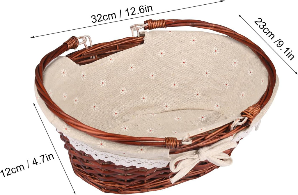 2 Pack Medium Size Wicker Basket with Handle, 12.6x9x4.7 in Wicker Picnic Basket with Liner, Empty Gift Basket, Oval Willow Woven Basket for Fruit, Candy, Wine, Gathering, Wedding, Picnic,by GNIEMCKIN